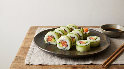 Sushi rolls wrapped in cucumber instead of seaweed