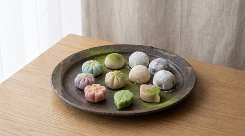 Assortment of delicate Japanese wagashi sweets and mochi