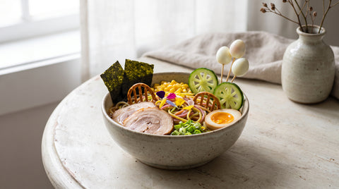 Playful colourful bowl of ramen with whimsical garnish