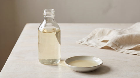 Elegant bottle of premium white soy sauce beside a dipping dish
