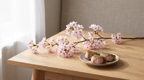 Cherry blossom branch beside a small dish of sakura mochi