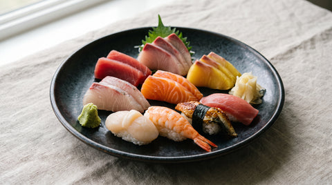 Plate of fresh sashimi and nigiri sushi with wasabi and pickled ginger