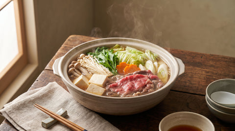 Hearty bowl of Japanese hot pot nabe with vegetables and tofu