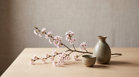 Cherry blossom branch beside a bottle and cup of sake
