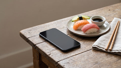 Smartphone beside a small plate of sushi