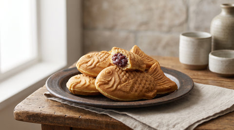 Fish-shaped taiyaki pastries filled with sweet red bean