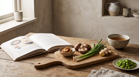 Recipe book beside fresh Japanese ingredients and a cutting board