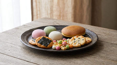 Assortment of colourful Japanese sweets and snacks