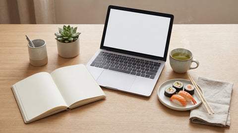 Desk flat lay with laptop, green tea and a small plate of sushi