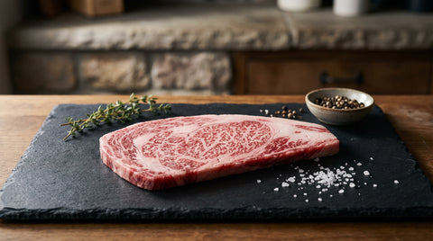 Beautifully marbled slice of raw wagyu beef