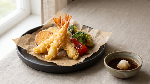 Crispy golden tempura prawns and vegetables with dipping sauce