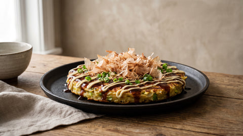 Freshly cooked okonomiyaki savoury pancake with bonito flakes