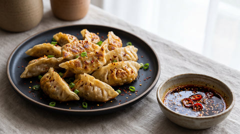 Crispy chilli and chicken gyoza dumplings with dipping sauce