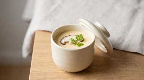 Savoury Japanese egg custard chawanmushi in a lidded cup