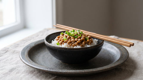 Natto fermented soybeans served over rice with spring onion