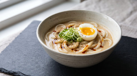 A bowl of udon noodles in a creamy soy milk and miso broth, editorial food photography