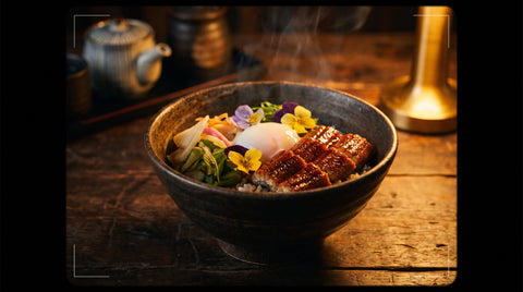 Cinematic close-up of a beautifully plated bowl of Japanese food