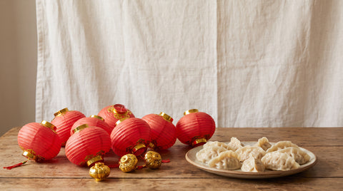 Red paper lanterns and dumplings for Chinese New Year