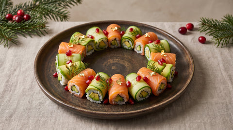 Festive Christmas-themed sushi platter in a wreath shape