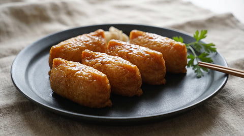 Plate of glossy inari sushi pouches