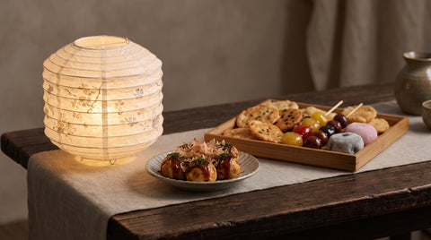 Festival still life with a paper lantern and takoyaki