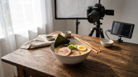 Beautiful bowl of ramen with chopsticks styled for video