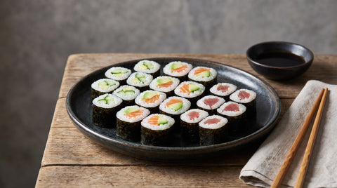 Plate of assorted maki sushi rolls with fresh ingredients