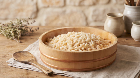 Wooden hangiri bowl of freshly cooked seasoned sushi rice
