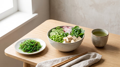Vibrant healthy Japanese meal with vegetables and tofu