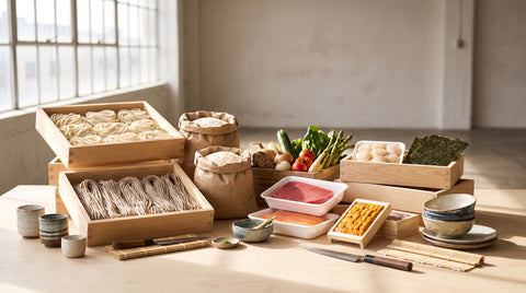 Crates of fresh noodles and sushi ingredients in a warehouse
