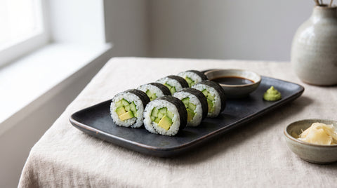 Vegetarian hosomaki sushi rolls filled with cucumber and avocado