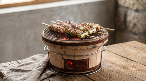 Small Japanese shichirin charcoal grill with skewers of chicken