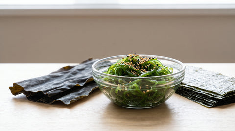 Fresh wakame seaweed salad beside dried kombu and nori