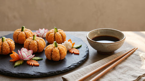 Autumnal pumpkin-shaped sushi rolls with carved vegetable garnishes