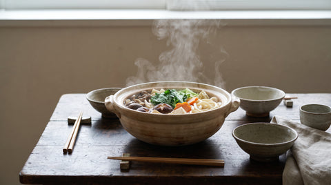 Warming Japanese winter hot pot with vegetables and noodles
