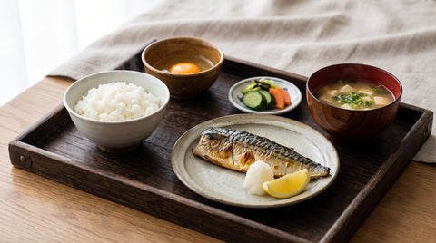 Traditional Japanese breakfast spread with grilled fish and rice