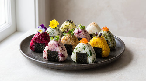 Modern colourful onigiri rice balls with decorative toppings