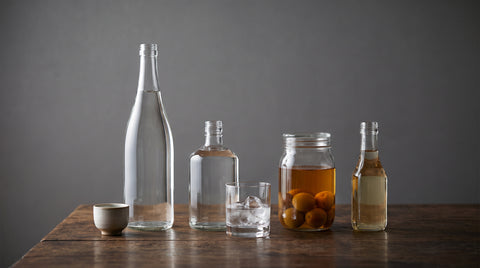 Japanese alcohol including sake, shochu, umeshu and mirin bottles