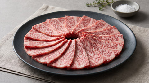Premium marbled beef sliced thinly and fanned out
