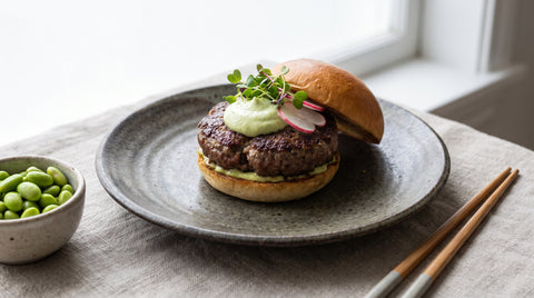 Fusion dish blending Japanese and Western flavours, editorial food photography
