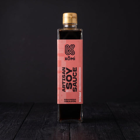 Kōmi Artisan barrel-aged soy sauce 300ml glass bottle, hero front view