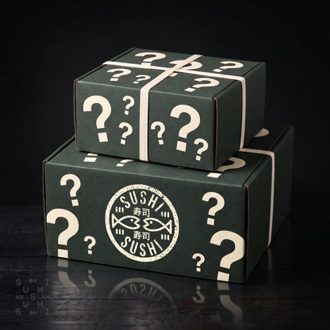SushiSushi Japanese food mystery box worth £150 two stacked retail boxes with question marks, three-quarter view