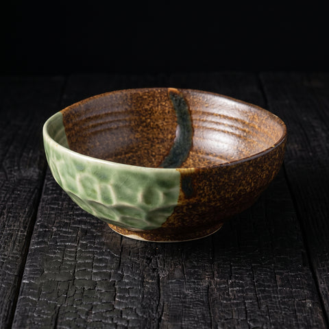 Oribe green and brown two-tone triangular-rim bowl