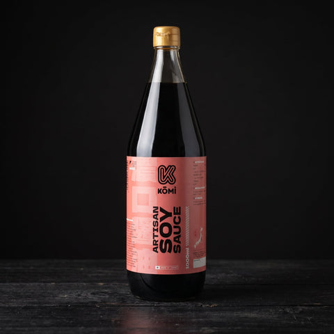 Kōmi Artisan barrel-aged soy sauce 1 litre glass bottle, hero front view