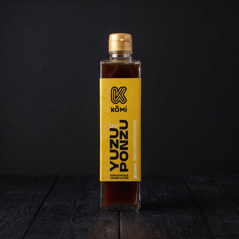 Kōmi Yuzu Ponzu citrus soy sauce 300ml glass bottle, hero front view