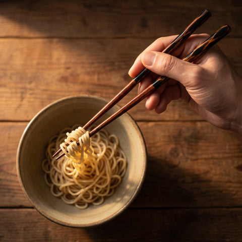 Hand using chopsticks to pick up noodles from a bowl on a wooden table