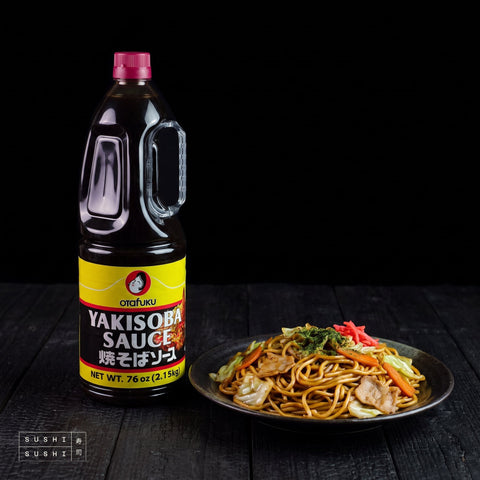 Otafuku, Yakisoba Sauce, 1.8L, beside a plate of yakisoba noodles