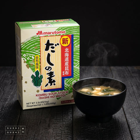 Marutomo, Kombu Dashi Stock Powder (Dashi no Moto), 1kg, with a bowl of miso soup