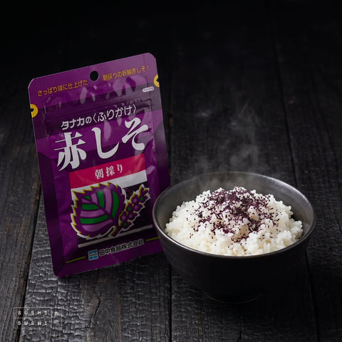 Tanaka, Red Shiso Powder, 22g, with a bowl of rice sprinkled with red shiso