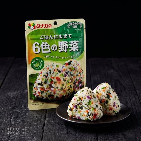 Tanaka, 6 Vegetable Furikake, 33g, with rice balls mixed with vegetable furikake